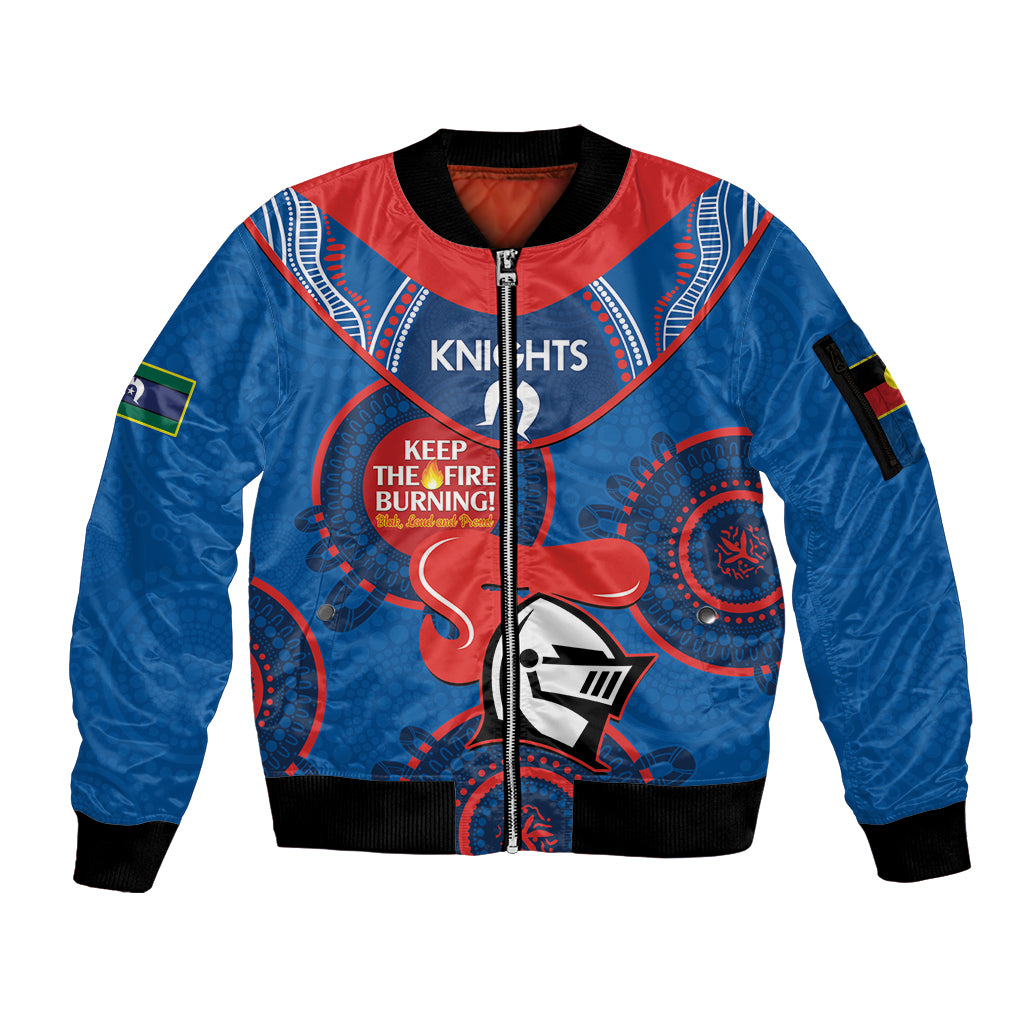 Custom NRL Knights NAIDOC Week Sleeve Zip Bomber Jacket Keep The Fire Burning Indigenous Art