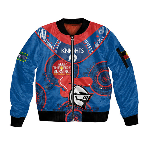 Custom NRL Knights NAIDOC Week Sleeve Zip Bomber Jacket Keep The Fire Burning Indigenous Art