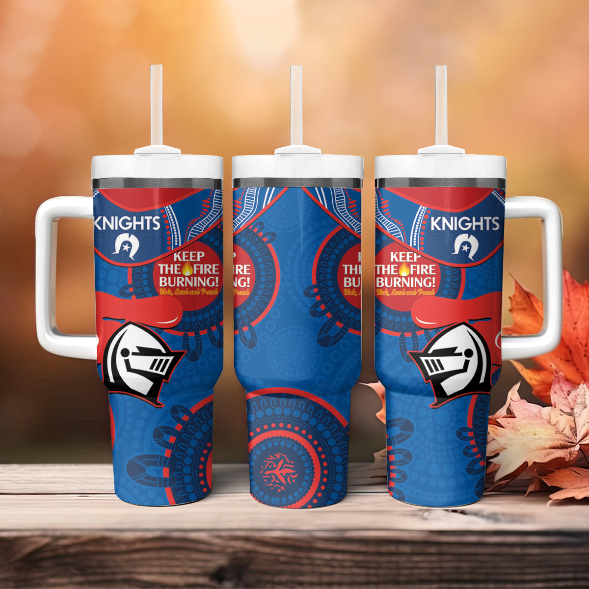 NRL Knights NAIDOC Week Tumbler With Handle Keep The Fire Burning Indigenous Art