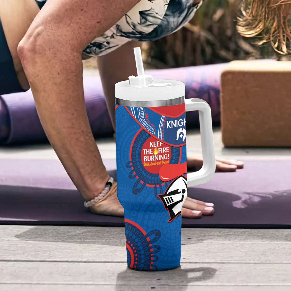 NRL Knights NAIDOC Week Tumbler With Handle Keep The Fire Burning Indigenous Art