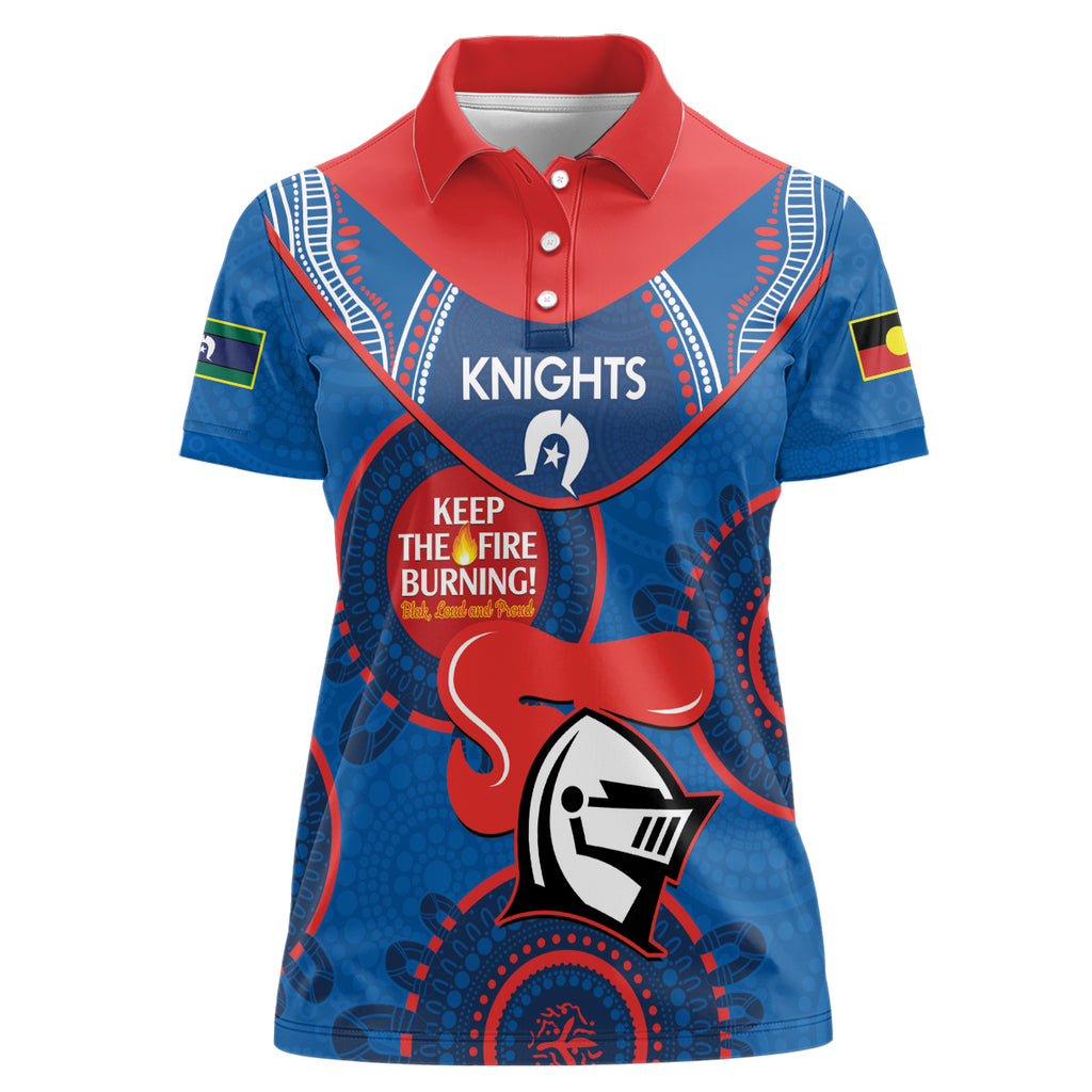 Custom NRL Knights NAIDOC Week Women Polo Shirt Keep The Fire Burning Indigenous Art