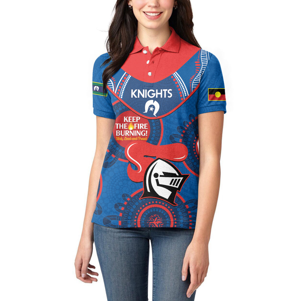 Custom NRL Knights NAIDOC Week Women Polo Shirt Keep The Fire Burning Indigenous Art