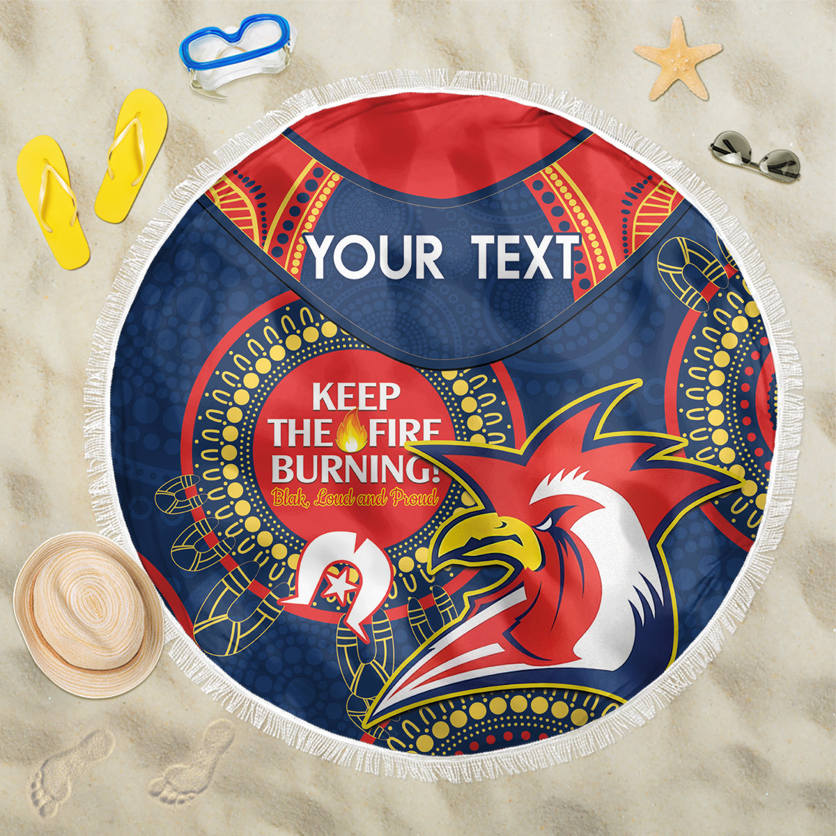 Custom NRL Roosters NAIDOC Week Beach Blanket Keep The Fire Burning Indigenous Art