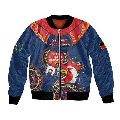 Custom NRL Roosters NAIDOC Week Bomber Jacket Keep The Fire Burning Indigenous Art