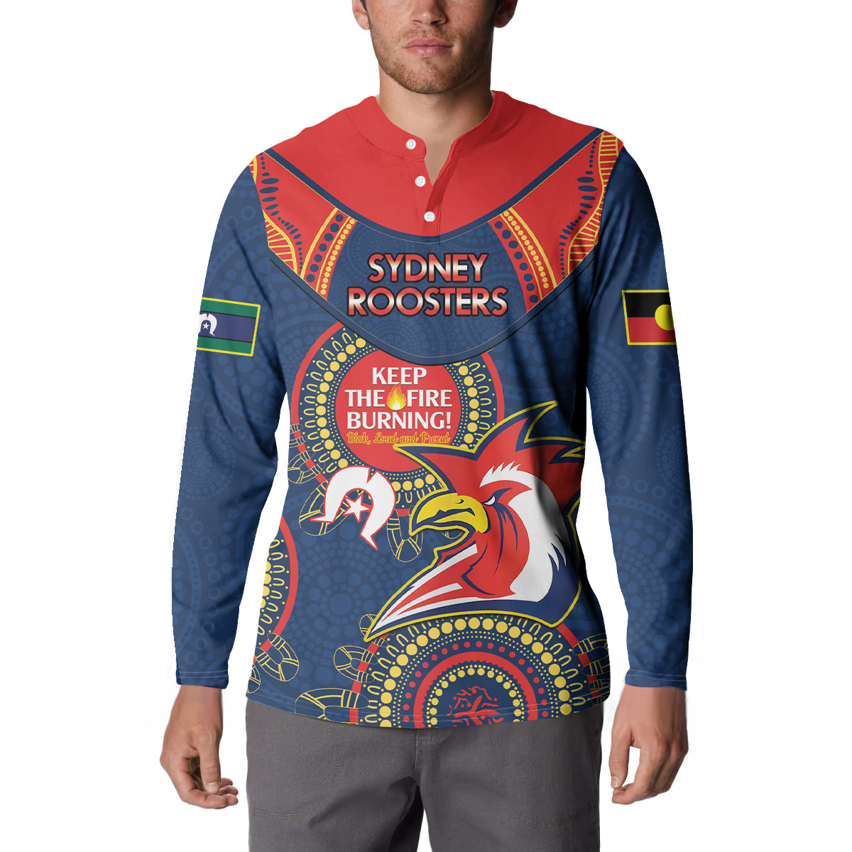 Custom NRL Roosters NAIDOC Week Button Sweatshirt Keep The Fire Burning Indigenous Art