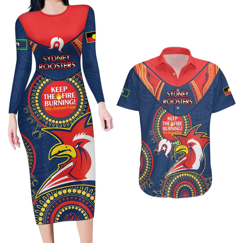 Custom NRL Roosters NAIDOC Week Couples Matching Long Sleeve Bodycon Dress and Hawaiian Shirt Keep The Fire Burning Indigenous Art