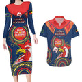 Custom NRL Roosters NAIDOC Week Couples Matching Long Sleeve Bodycon Dress and Hawaiian Shirt Keep The Fire Burning Indigenous Art