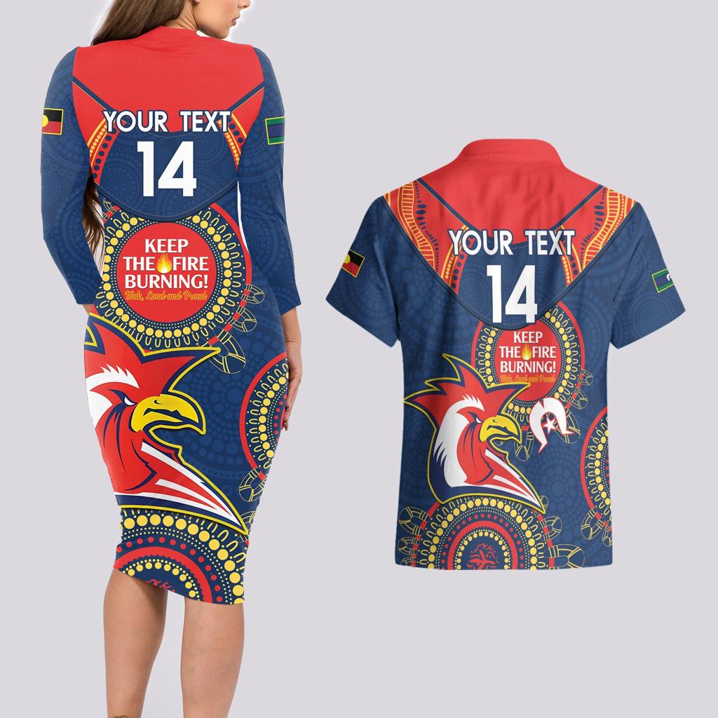Custom NRL Roosters NAIDOC Week Couples Matching Long Sleeve Bodycon Dress and Hawaiian Shirt Keep The Fire Burning Indigenous Art