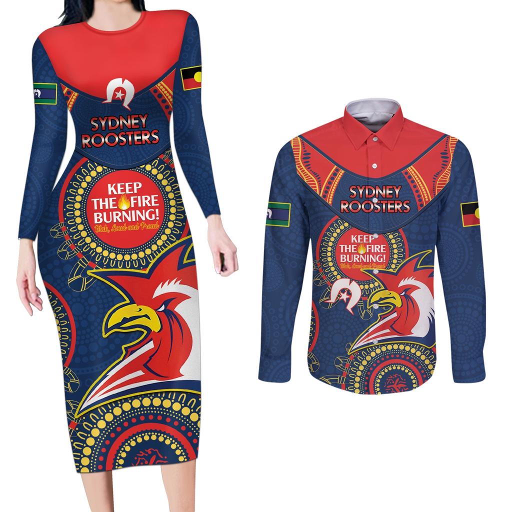 Custom NRL Roosters NAIDOC Week Couples Matching Long Sleeve Bodycon Dress and Long Sleeve Button Shirt Keep The Fire Burning Indigenous Art