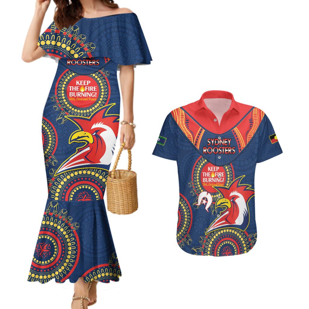 Custom NRL Roosters NAIDOC Week Couples Matching Mermaid Dress and Hawaiian Shirt Keep The Fire Burning Indigenous Art