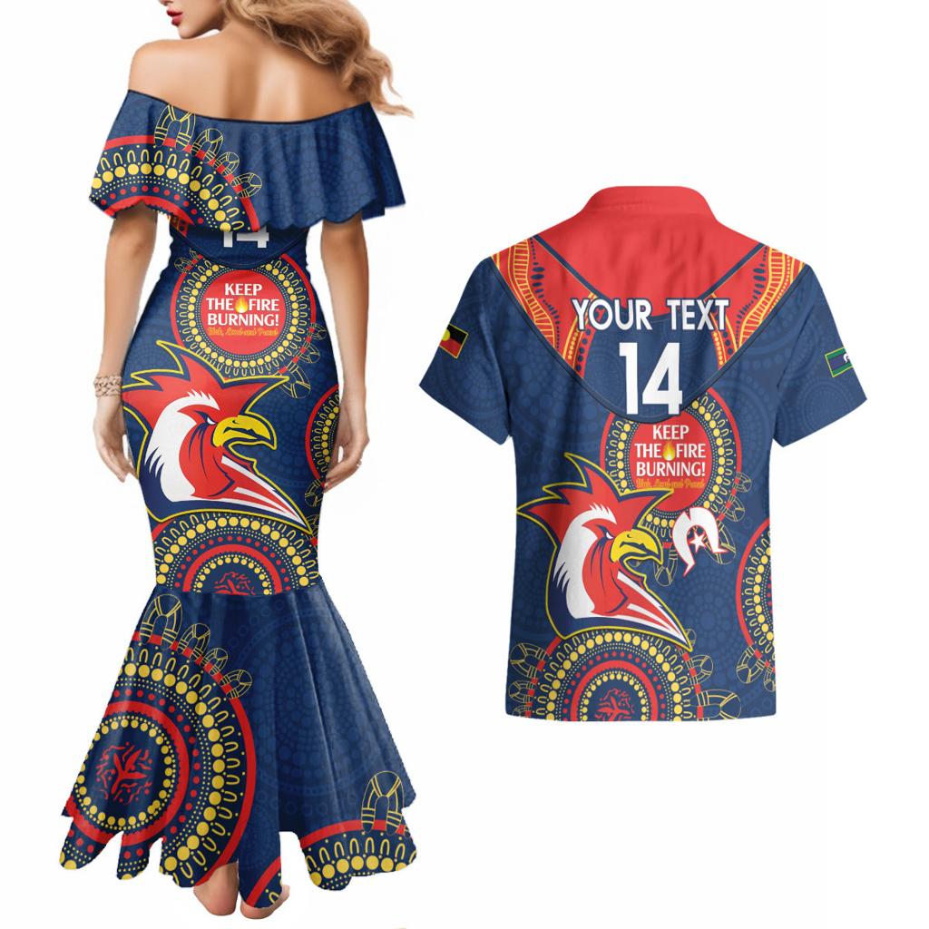 Custom NRL Roosters NAIDOC Week Couples Matching Mermaid Dress and Hawaiian Shirt Keep The Fire Burning Indigenous Art