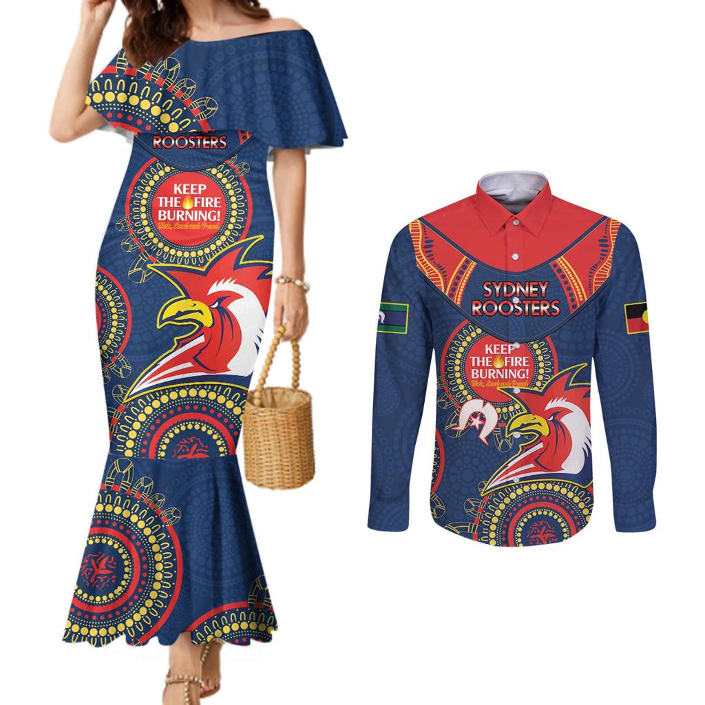 Custom NRL Roosters NAIDOC Week Couples Matching Mermaid Dress and Long Sleeve Button Shirt Keep The Fire Burning Indigenous Art