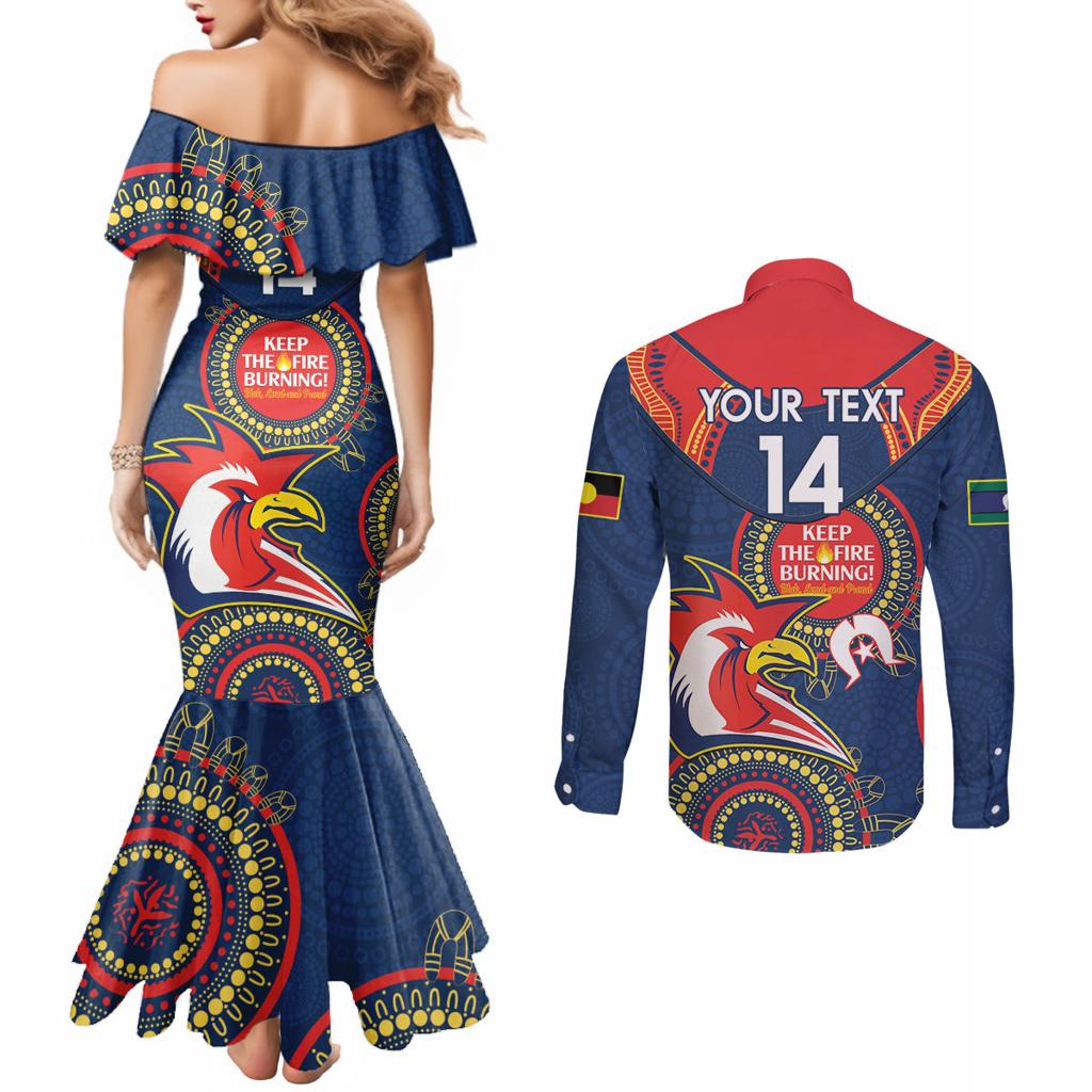 Custom NRL Roosters NAIDOC Week Couples Matching Mermaid Dress and Long Sleeve Button Shirt Keep The Fire Burning Indigenous Art