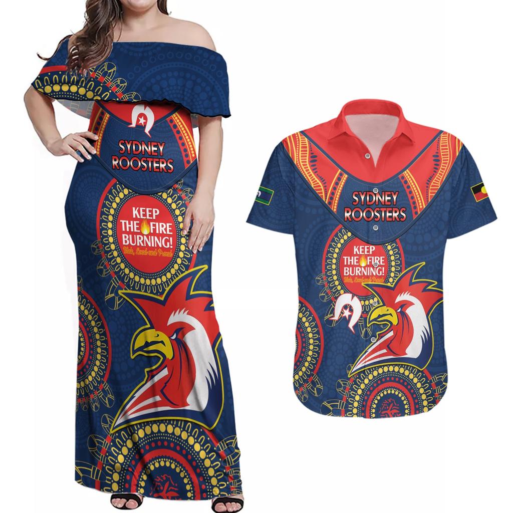 Custom NRL Roosters NAIDOC Week Couples Matching Off Shoulder Maxi Dress and Hawaiian Shirt Keep The Fire Burning Indigenous Art