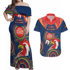 Custom NRL Roosters NAIDOC Week Couples Matching Off Shoulder Maxi Dress and Hawaiian Shirt Keep The Fire Burning Indigenous Art