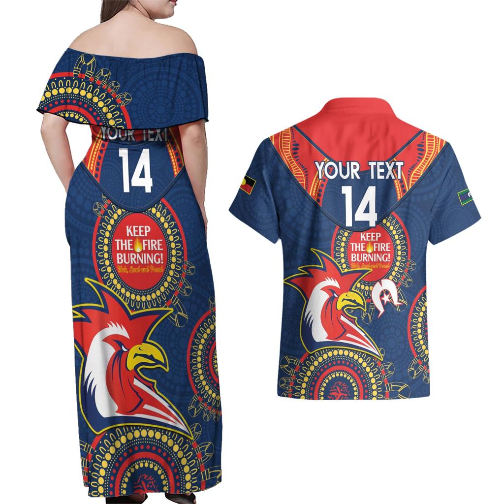Custom NRL Roosters NAIDOC Week Couples Matching Off Shoulder Maxi Dress and Hawaiian Shirt Keep The Fire Burning Indigenous Art