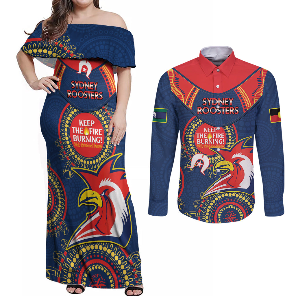 Custom NRL Roosters NAIDOC Week Couples Matching Off Shoulder Maxi Dress and Long Sleeve Button Shirt Keep The Fire Burning Indigenous Art