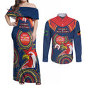 Custom NRL Roosters NAIDOC Week Couples Matching Off Shoulder Maxi Dress and Long Sleeve Button Shirt Keep The Fire Burning Indigenous Art