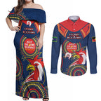 Custom NRL Roosters NAIDOC Week Couples Matching Off Shoulder Maxi Dress and Long Sleeve Button Shirt Keep The Fire Burning Indigenous Art