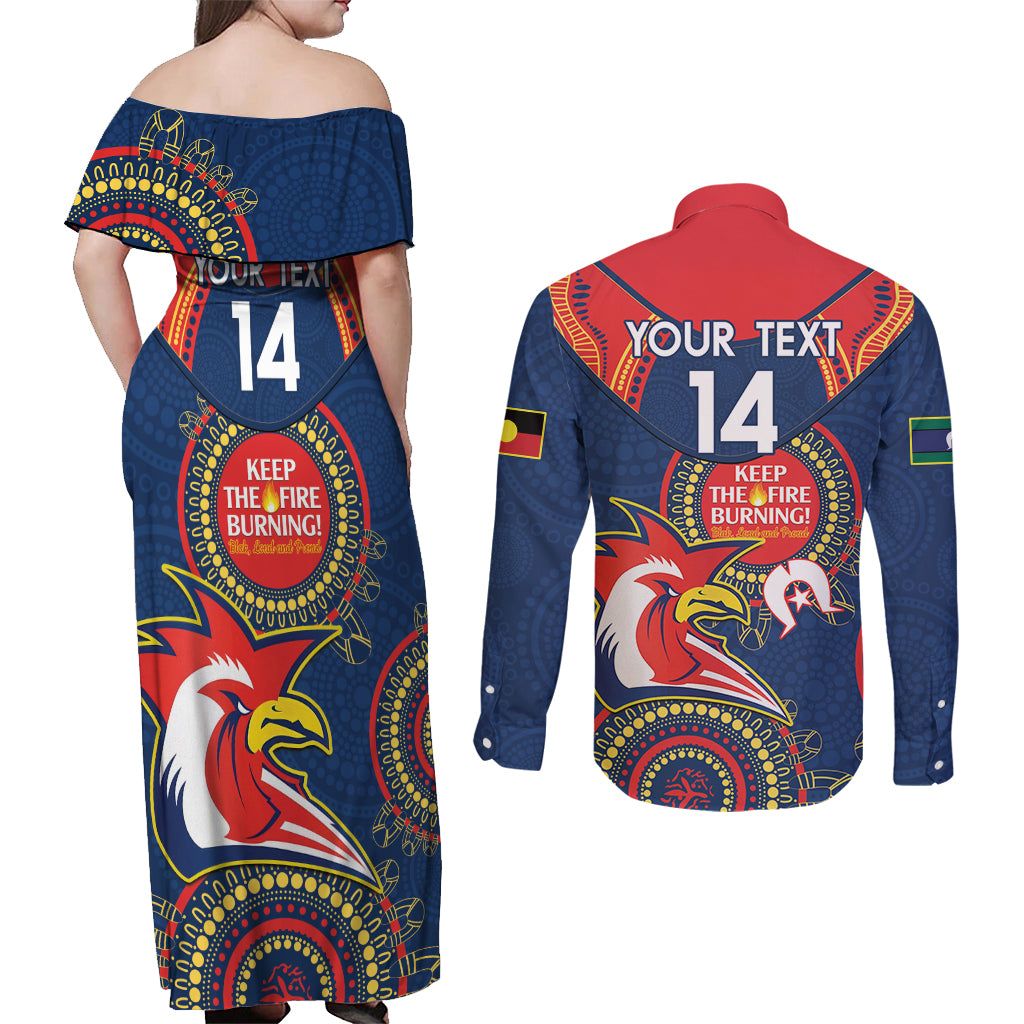 Custom NRL Roosters NAIDOC Week Couples Matching Off Shoulder Maxi Dress and Long Sleeve Button Shirt Keep The Fire Burning Indigenous Art