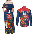 Custom NRL Roosters NAIDOC Week Couples Matching Off Shoulder Maxi Dress and Long Sleeve Button Shirt Keep The Fire Burning Indigenous Art