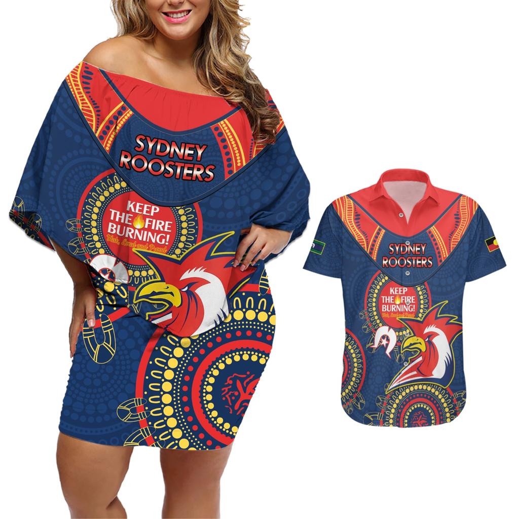 Custom NRL Roosters NAIDOC Week Couples Matching Off Shoulder Short Dress and Hawaiian Shirt Keep The Fire Burning Indigenous Art