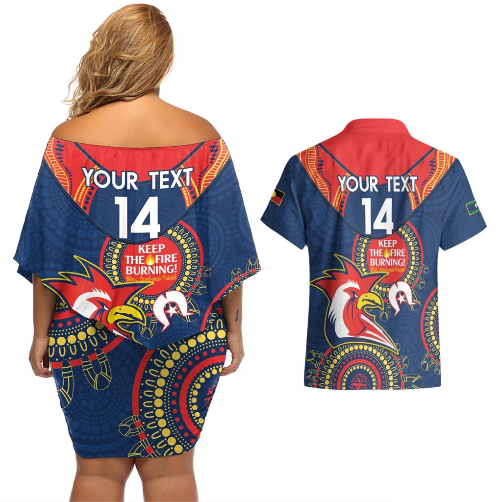 Custom NRL Roosters NAIDOC Week Couples Matching Off Shoulder Short Dress and Hawaiian Shirt Keep The Fire Burning Indigenous Art