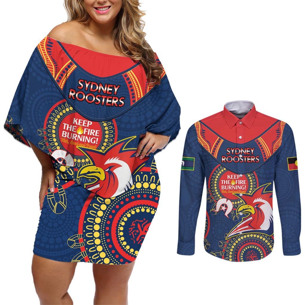 Custom NRL Roosters NAIDOC Week Couples Matching Off Shoulder Short Dress and Long Sleeve Button Shirt Keep The Fire Burning Indigenous Art