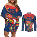 Custom NRL Roosters NAIDOC Week Couples Matching Off Shoulder Short Dress and Long Sleeve Button Shirt Keep The Fire Burning Indigenous Art