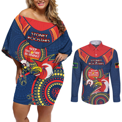 Custom NRL Roosters NAIDOC Week Couples Matching Off Shoulder Short Dress and Long Sleeve Button Shirt Keep The Fire Burning Indigenous Art