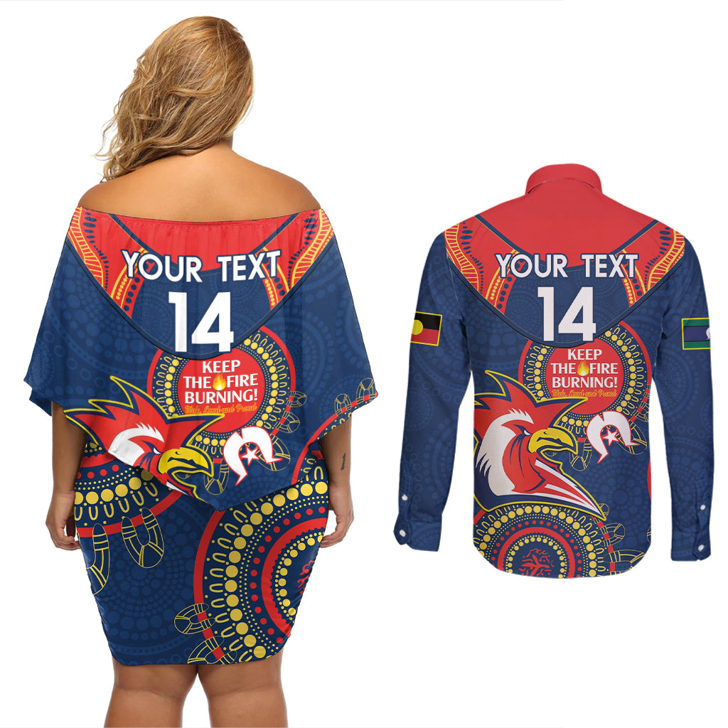 Custom NRL Roosters NAIDOC Week Couples Matching Off Shoulder Short Dress and Long Sleeve Button Shirt Keep The Fire Burning Indigenous Art