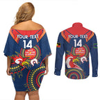 Custom NRL Roosters NAIDOC Week Couples Matching Off Shoulder Short Dress and Long Sleeve Button Shirt Keep The Fire Burning Indigenous Art