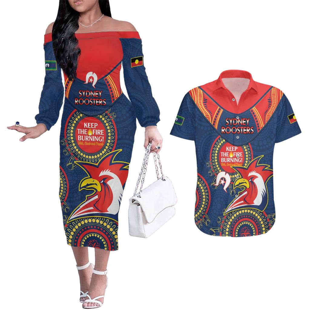 Custom NRL Roosters NAIDOC Week Couples Matching Off The Shoulder Long Sleeve Dress and Hawaiian Shirt Keep The Fire Burning Indigenous Art