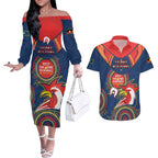 Custom NRL Roosters NAIDOC Week Couples Matching Off The Shoulder Long Sleeve Dress and Hawaiian Shirt Keep The Fire Burning Indigenous Art