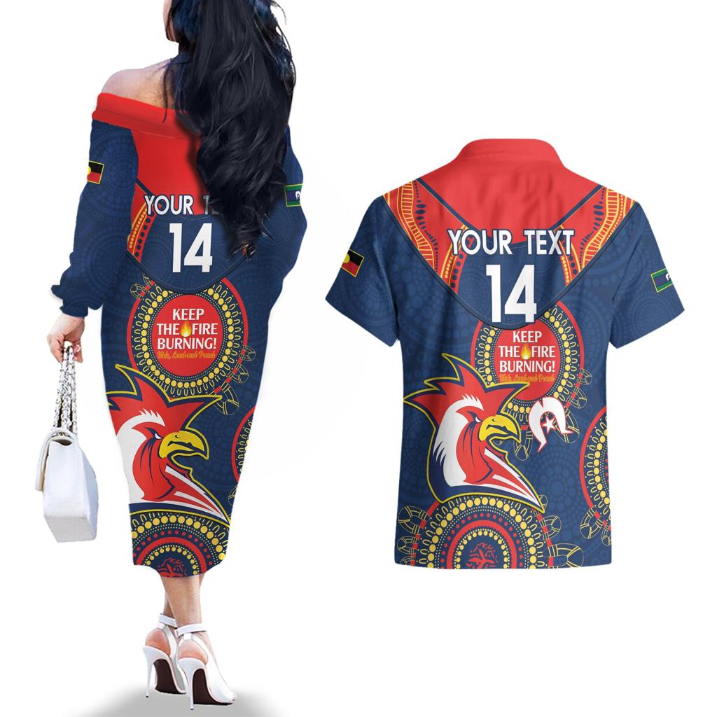 Custom NRL Roosters NAIDOC Week Couples Matching Off The Shoulder Long Sleeve Dress and Hawaiian Shirt Keep The Fire Burning Indigenous Art