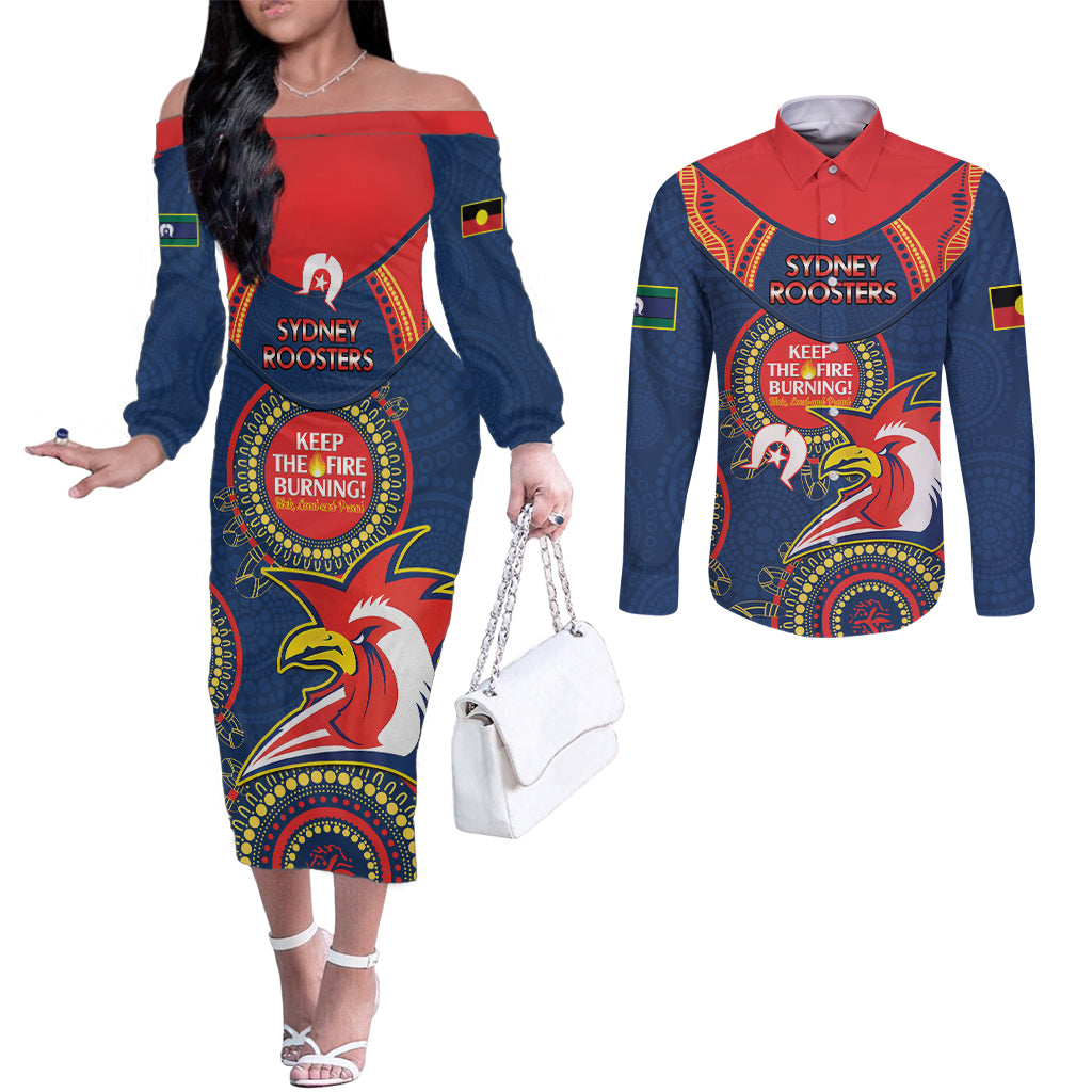 Custom NRL Roosters NAIDOC Week Couples Matching Off The Shoulder Long Sleeve Dress and Long Sleeve Button Shirt Keep The Fire Burning Indigenous Art