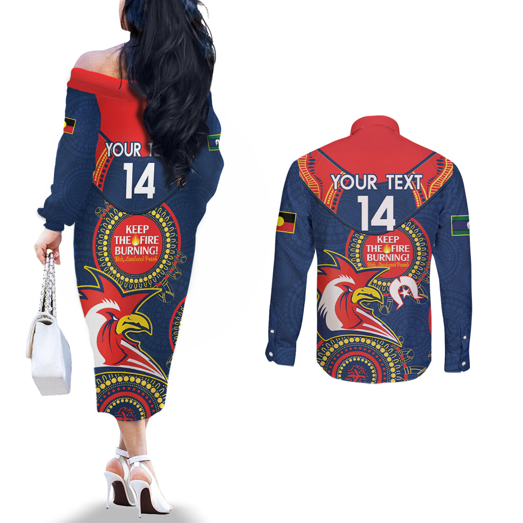 Custom NRL Roosters NAIDOC Week Couples Matching Off The Shoulder Long Sleeve Dress and Long Sleeve Button Shirt Keep The Fire Burning Indigenous Art