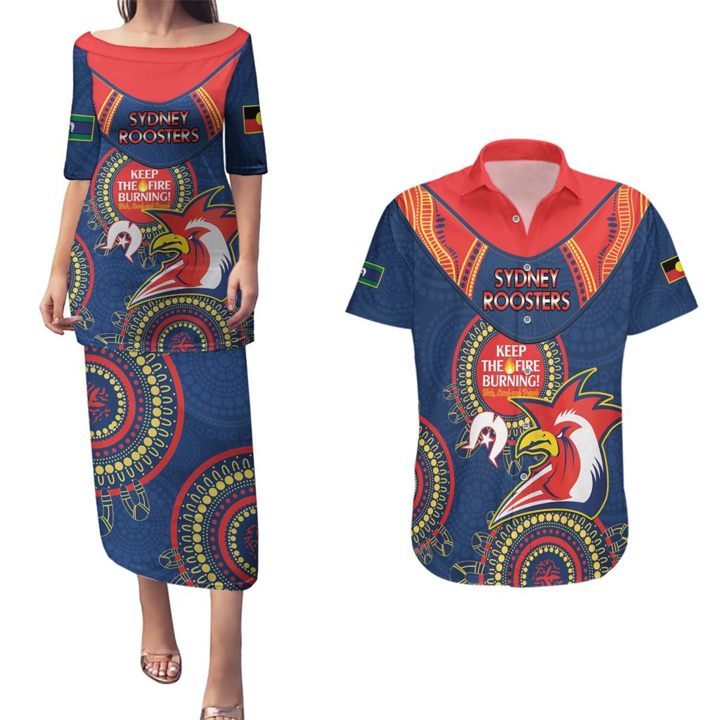 Custom NRL Roosters NAIDOC Week Couples Matching Puletasi and Hawaiian Shirt Keep The Fire Burning Indigenous Art