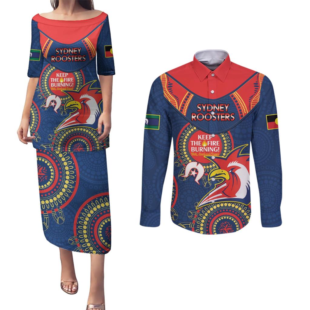 Custom NRL Roosters NAIDOC Week Couples Matching Puletasi and Long Sleeve Button Shirt Keep The Fire Burning Indigenous Art