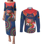Custom NRL Roosters NAIDOC Week Couples Matching Puletasi and Long Sleeve Button Shirt Keep The Fire Burning Indigenous Art