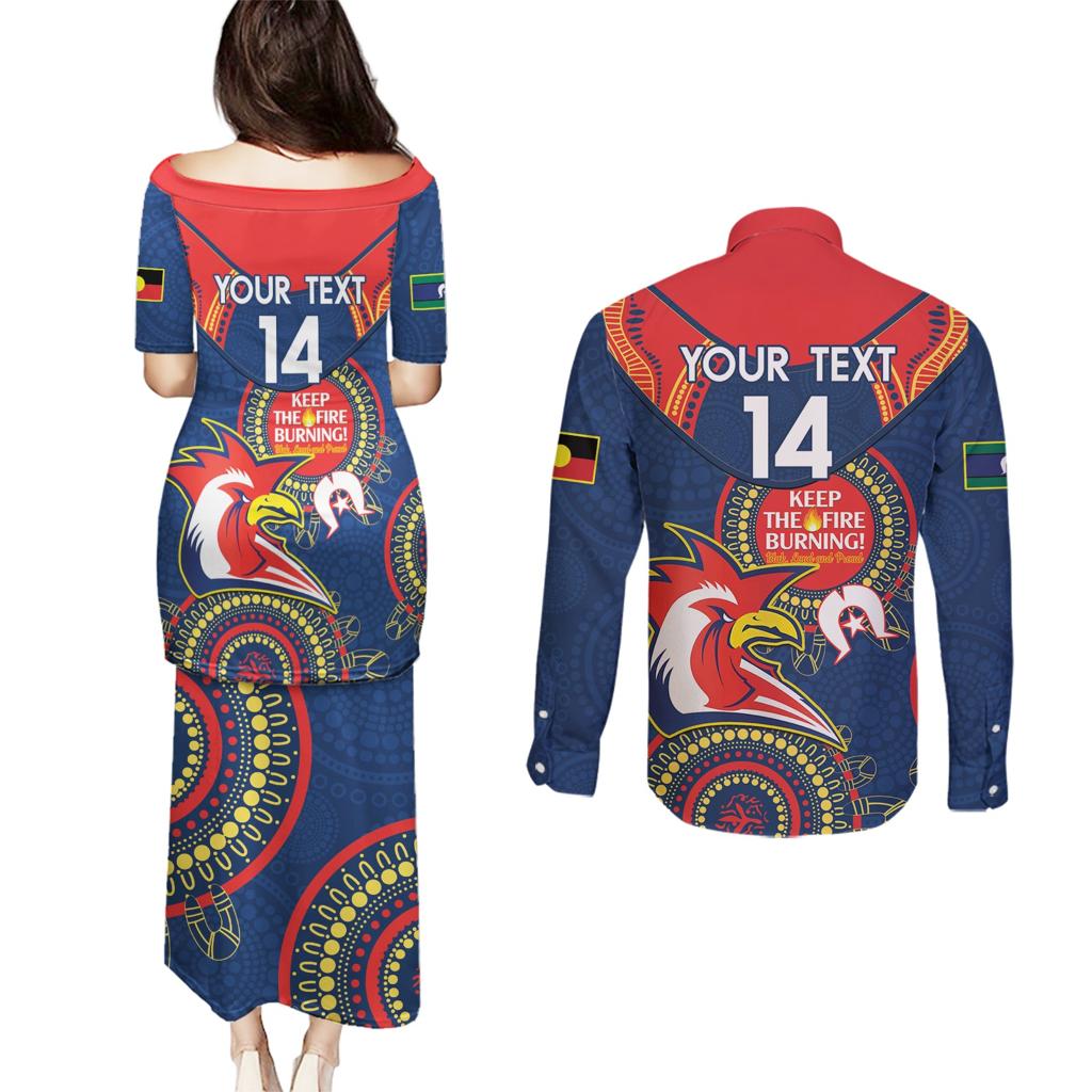 Custom NRL Roosters NAIDOC Week Couples Matching Puletasi and Long Sleeve Button Shirt Keep The Fire Burning Indigenous Art