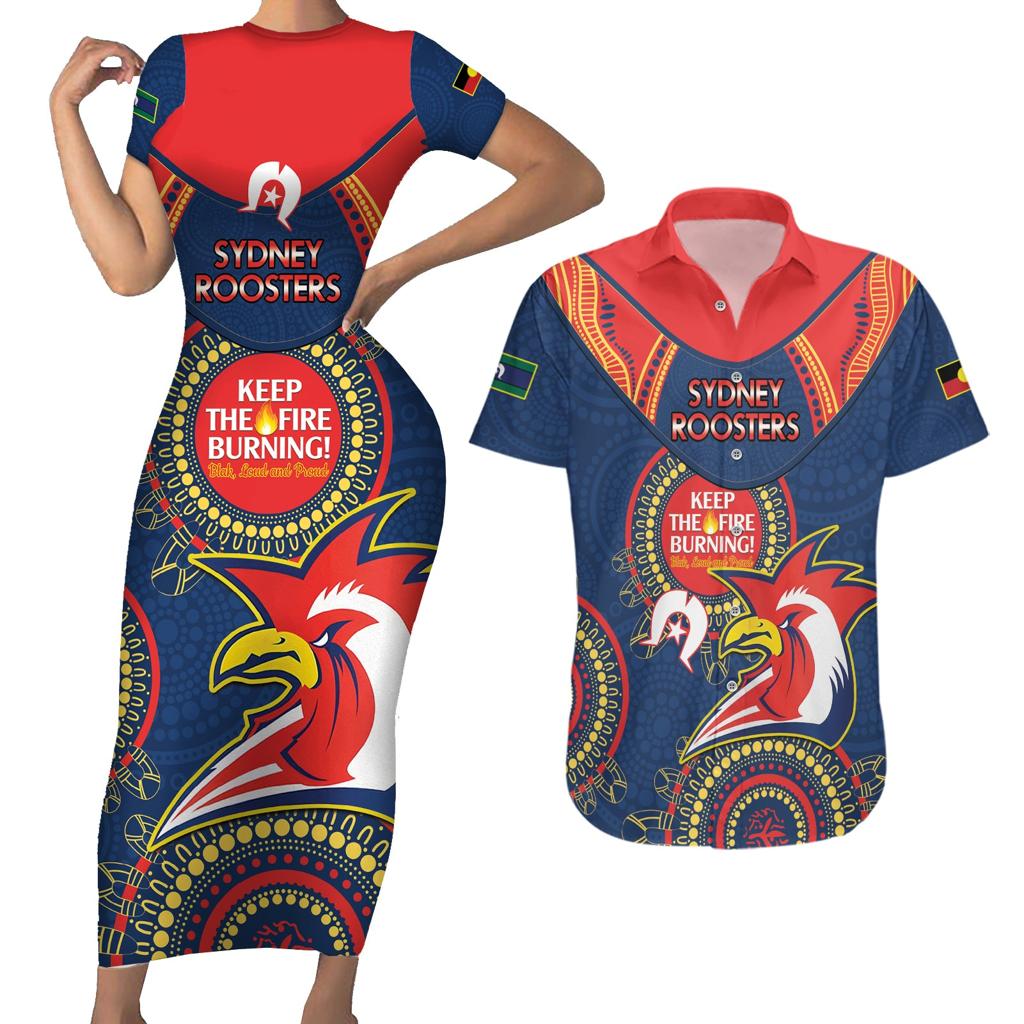 Custom NRL Roosters NAIDOC Week Couples Matching Short Sleeve Bodycon Dress and Hawaiian Shirt Keep The Fire Burning Indigenous Art