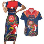 Custom NRL Roosters NAIDOC Week Couples Matching Short Sleeve Bodycon Dress and Hawaiian Shirt Keep The Fire Burning Indigenous Art