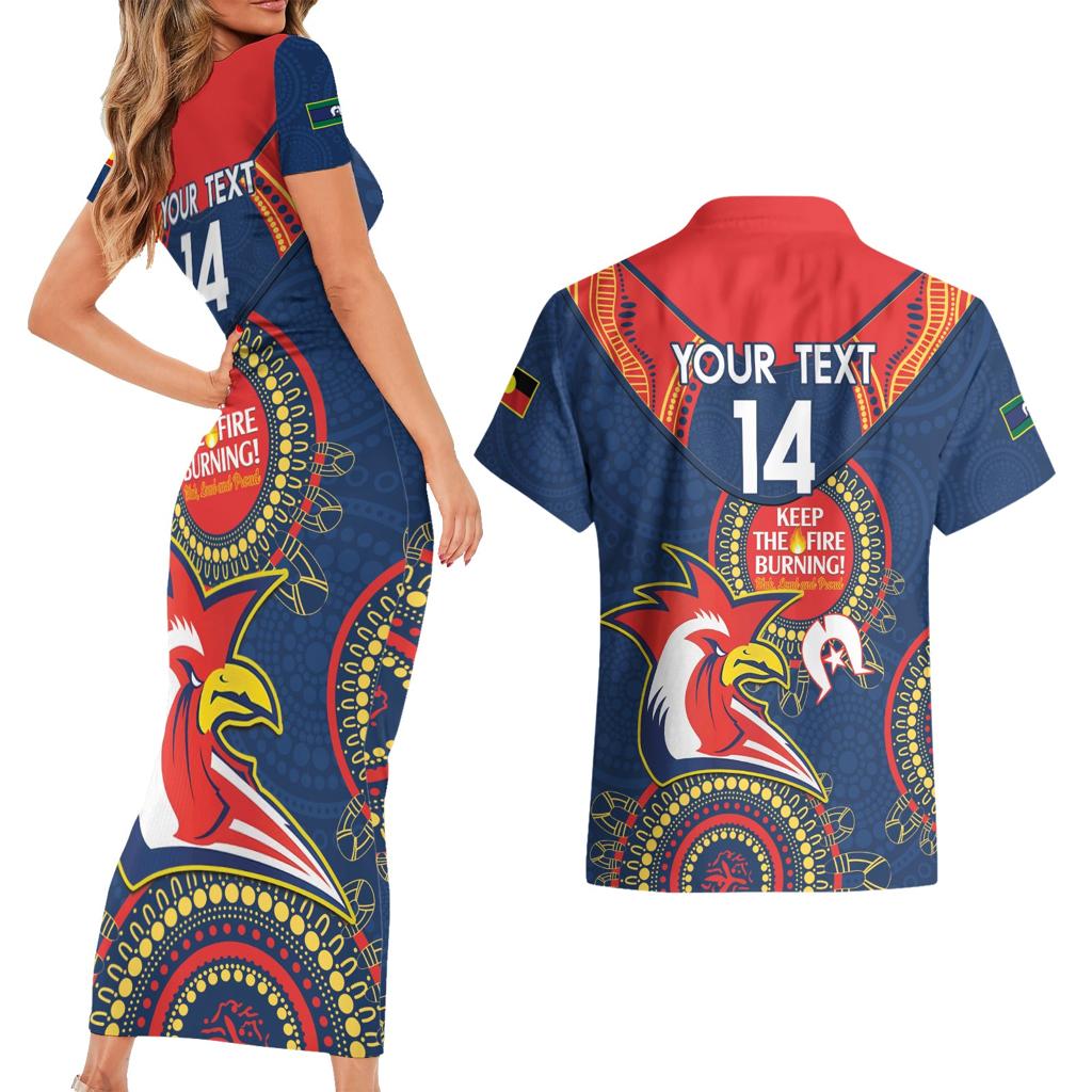 Custom NRL Roosters NAIDOC Week Couples Matching Short Sleeve Bodycon Dress and Hawaiian Shirt Keep The Fire Burning Indigenous Art
