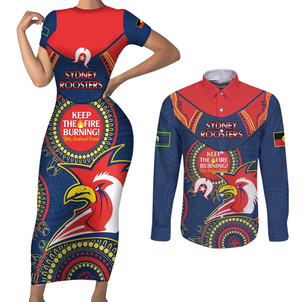 Custom NRL Roosters NAIDOC Week Couples Matching Short Sleeve Bodycon Dress and Long Sleeve Button Shirt Keep The Fire Burning Indigenous Art