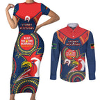 Custom NRL Roosters NAIDOC Week Couples Matching Short Sleeve Bodycon Dress and Long Sleeve Button Shirt Keep The Fire Burning Indigenous Art