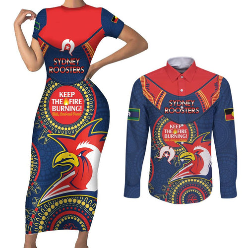 Custom NRL Roosters NAIDOC Week Couples Matching Short Sleeve Bodycon Dress and Long Sleeve Button Shirt Keep The Fire Burning Indigenous Art