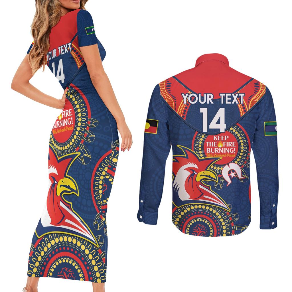 Custom NRL Roosters NAIDOC Week Couples Matching Short Sleeve Bodycon Dress and Long Sleeve Button Shirt Keep The Fire Burning Indigenous Art