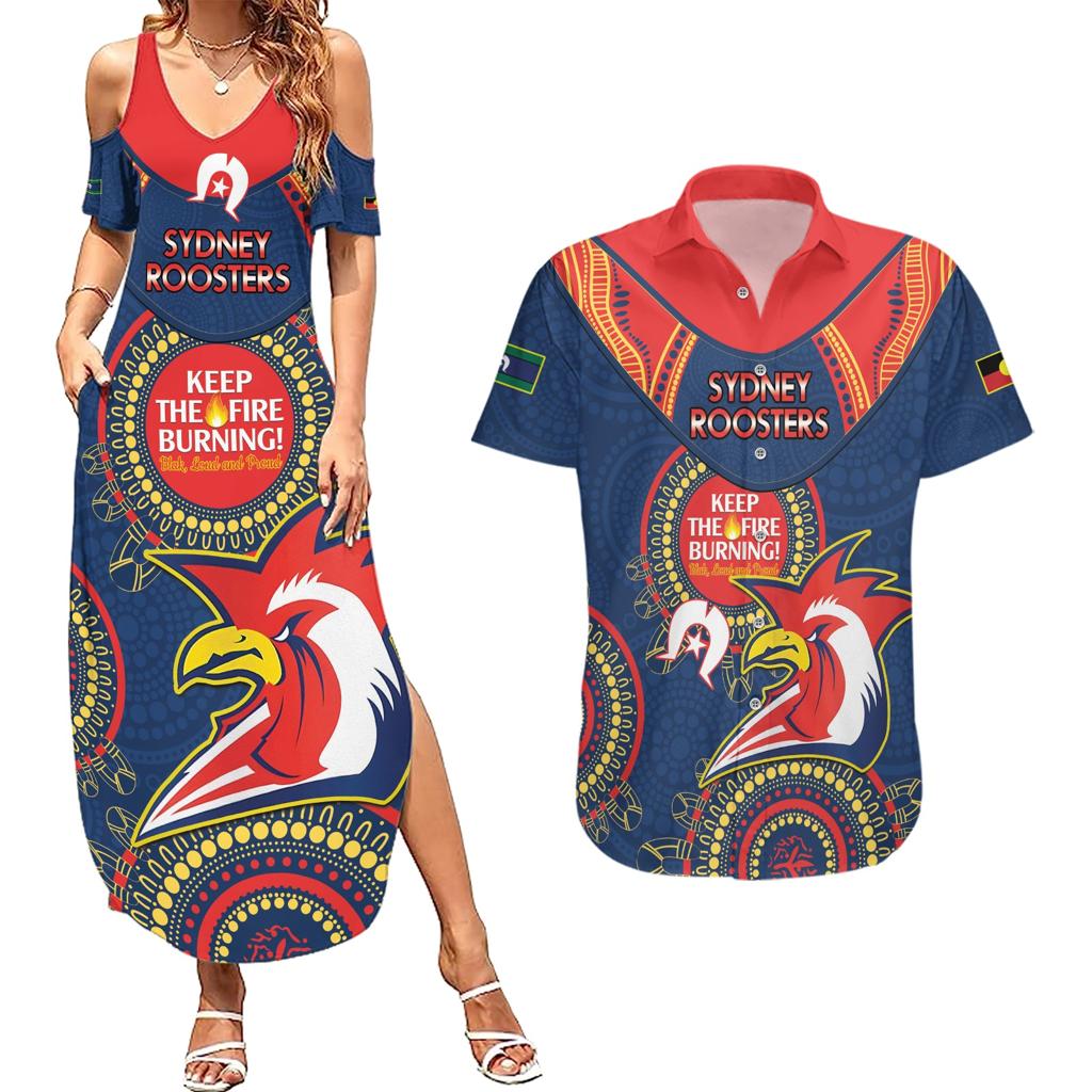 Custom NRL Roosters NAIDOC Week Couples Matching Summer Maxi Dress and Hawaiian Shirt Keep The Fire Burning Indigenous Art