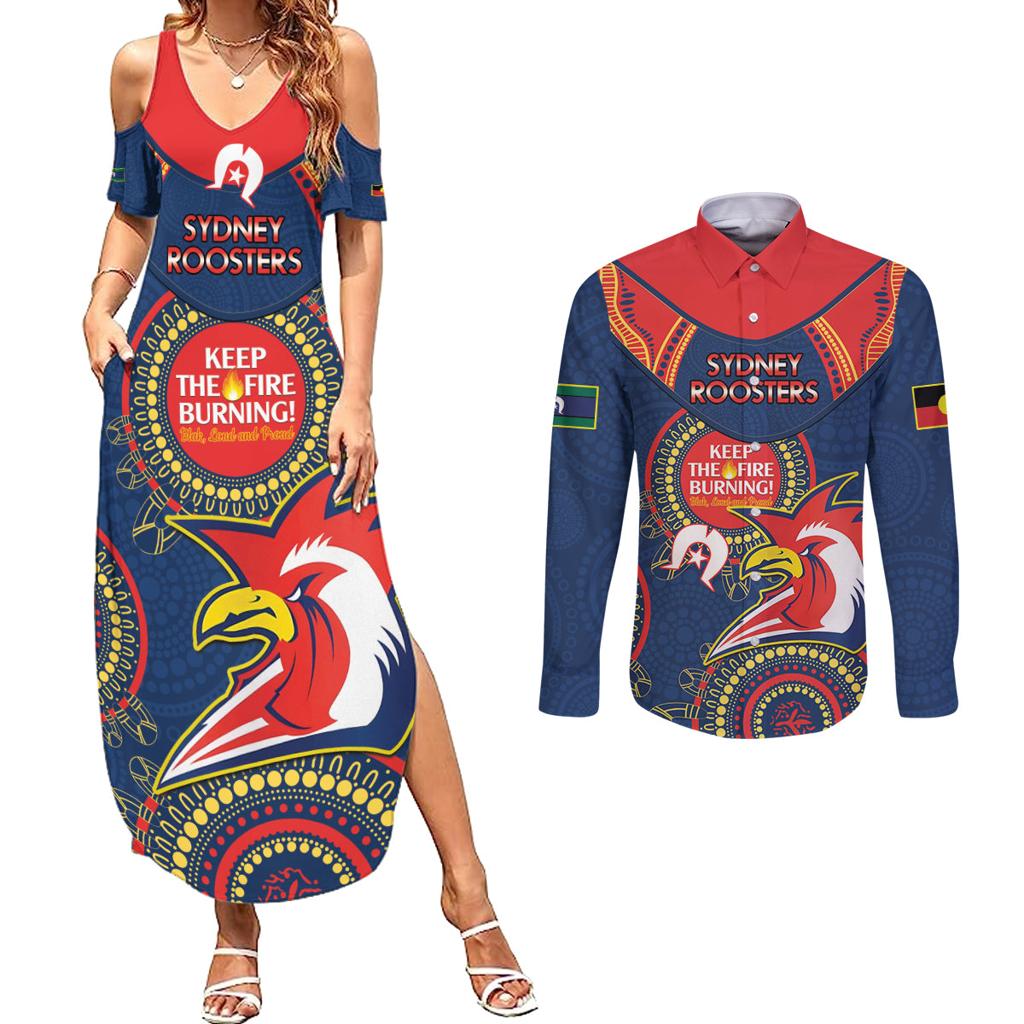 Custom NRL Roosters NAIDOC Week Couples Matching Summer Maxi Dress and Long Sleeve Button Shirt Keep The Fire Burning Indigenous Art